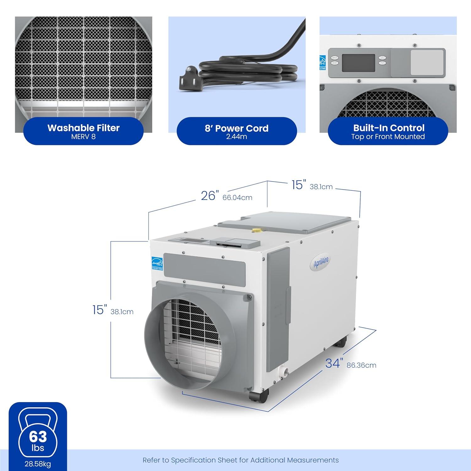 image:imageAprilAire E100C Pro 100Pint WholeHouse Dehumidifier with Castors Energy Star Certified CommercialGrade WholeHome Dehumidifier for Basement Crawlspace or Whole House up to 5500 sq ft