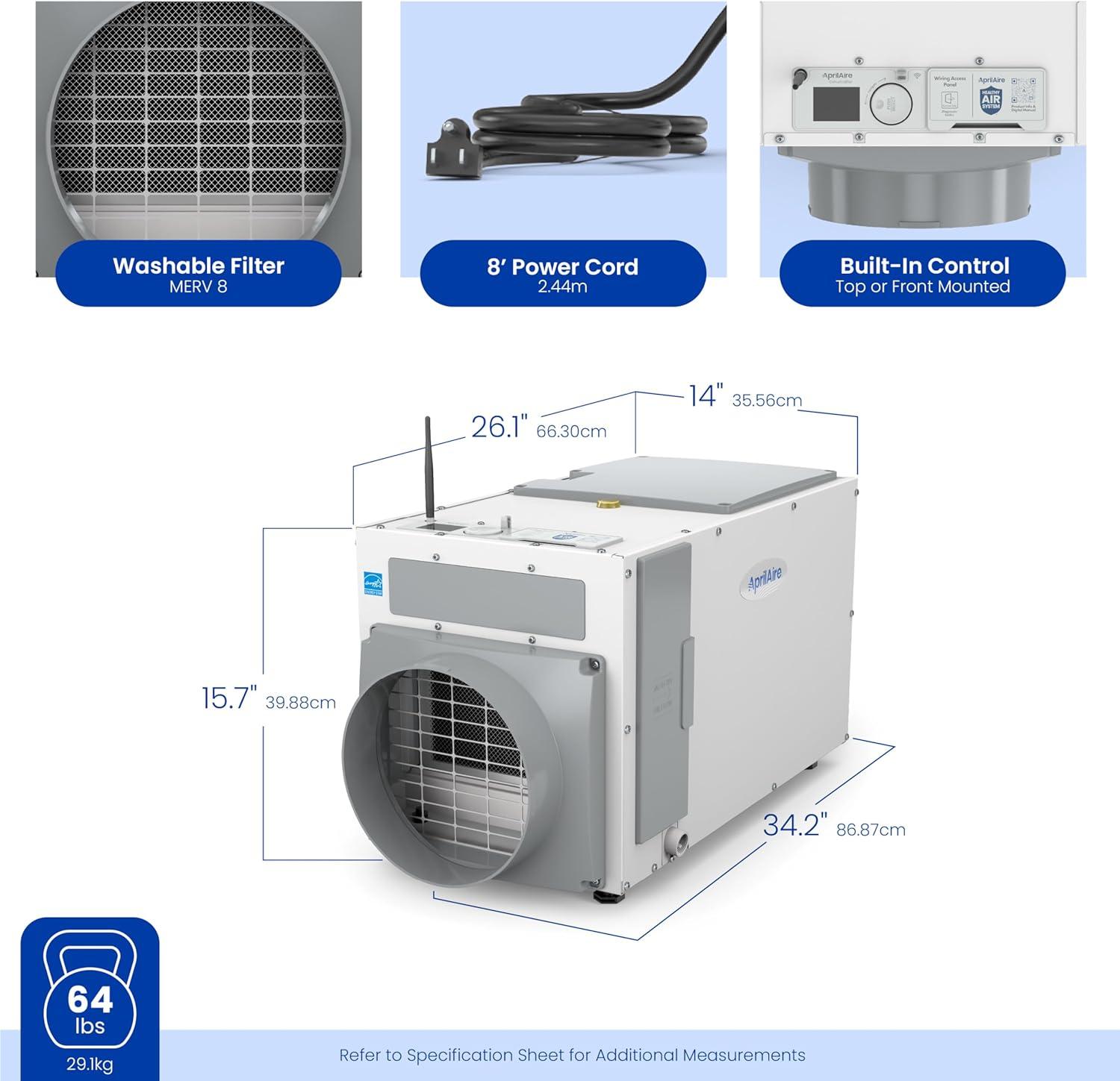 image:imageAprilAire E100W Smart WiFi WholeHouse Dehumidifier 100Pint ENERGY STAR Commercial Dehumidifier for Basement Crawl Space amp Home up to 4400 SqFt with Pump Drain Hose Hanging Kit MERV 11 FilterWiFi Dehumidifier wDIY Bundle