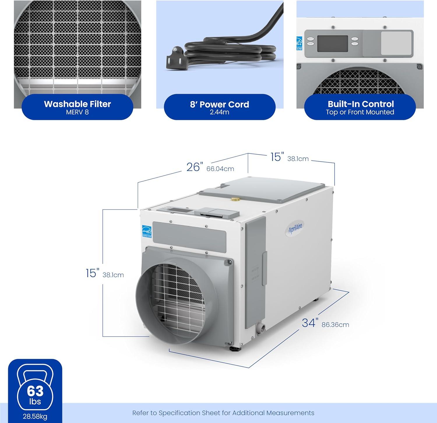 image:imageAprilAire E100W Smart WiFi WholeHouse Dehumidifier 100Pint ENERGY STAR Commercial Dehumidifier for Basement Crawl Space amp Home up to 4400 SqFt with Pump Drain Hose Hanging Kit MERV 11 FilterDehumidifier wWall Control