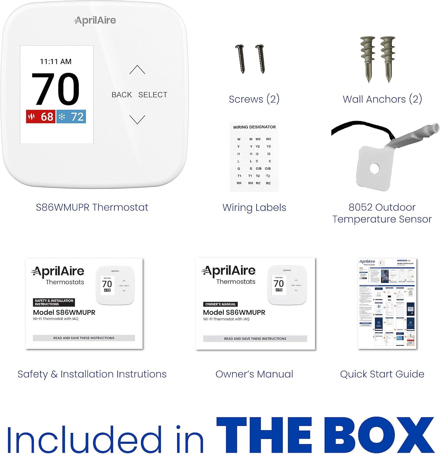 image:imageAprilAire S86WMUPR WiFi Programmable Thermostat MultiStage Universal with IAQ Control 2H2C HeatCool Stages or 4H2C Heat Pump Stages438L x 08W x 438H inches