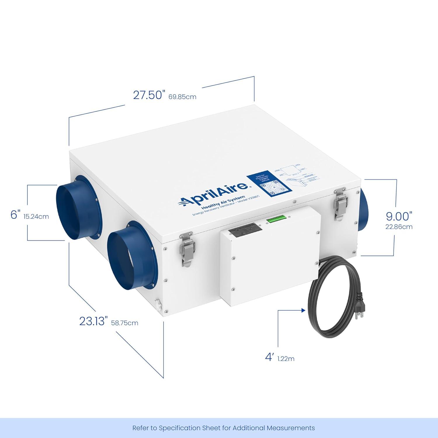 image:imageAprilaire V22BEC Energy Recovery Ventilator ERV 120 CFM Air Exchanger for Homes up to 6000 Sq Ft WholeHouse Fresh Air Ventilation System HRVERV with Wall Ceiling or Floor Mount Bracket
