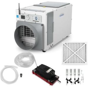 AprilAire E100W Smart Wi-Fi Whole-House Dehumidifier 100-Pint ENERGY STAR Commercial Dehumidifier for Basement, Crawl Space & Home up to 4,400 Sq.Ft. with Pump, Drain Hose, Hanging Kit, MERV 11 Filter(Wi-Fi Dehumidifier w/DIY Bundle)